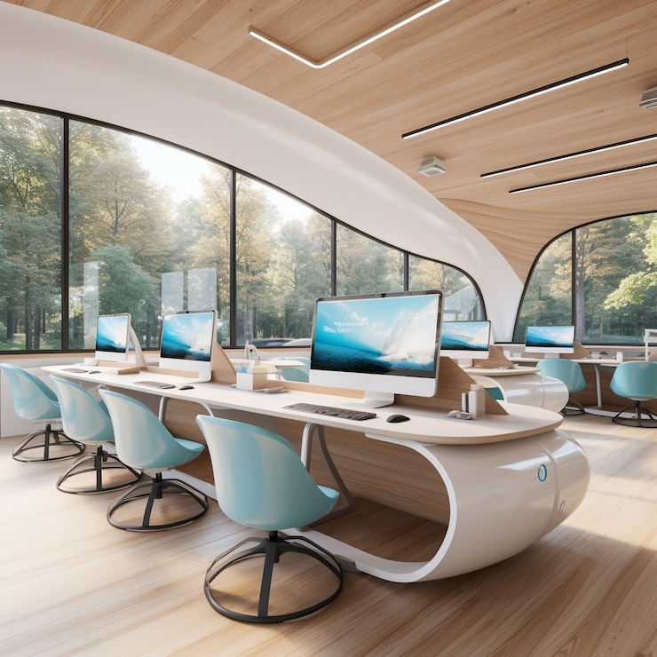 Foto gratuito vista dell'aula futuristica e high tech per gli studenti