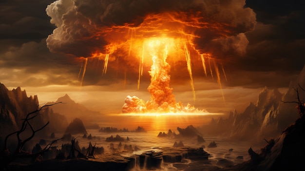 Vista dell'esplosione apocalittica della bomba nucleare