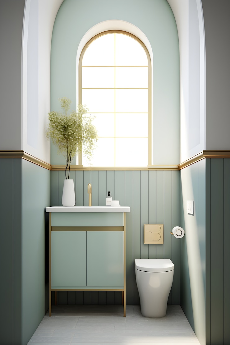 Foto gratuito vista dell'interno del piccolo bagno con mobili e decorazioni in stile moderno