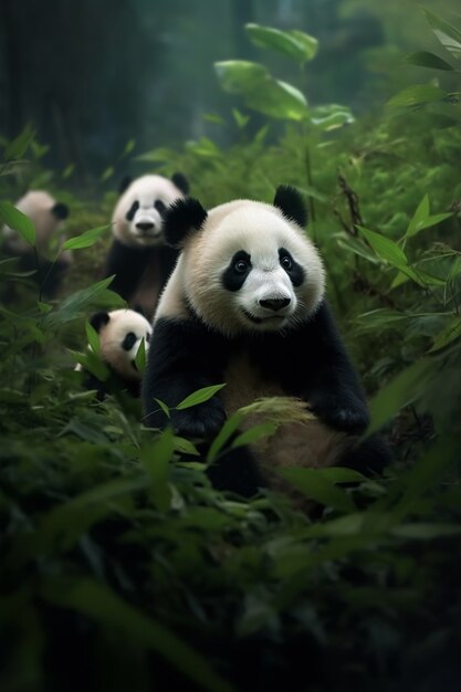 Vista dell'orso panda con cuccioli in natura