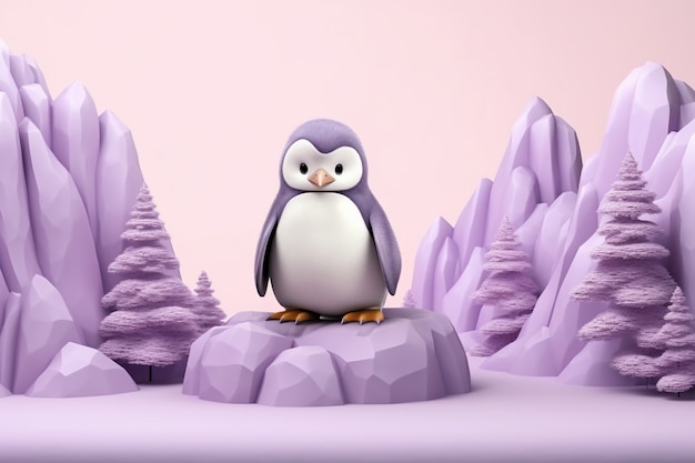 Vista dell'uccello pinguino 3d con paesaggio naturale