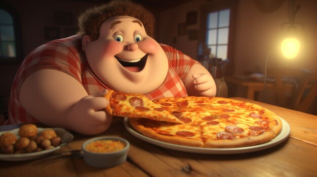 Vista dell'uomo dei cartoni animati con una deliziosa pizza 3D