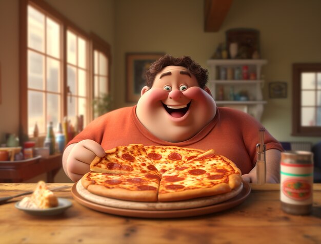 Vista dell'uomo dei cartoni animati con una deliziosa pizza 3D