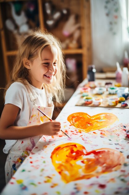 Vista della bambina che disegna a forma di cuore su carta