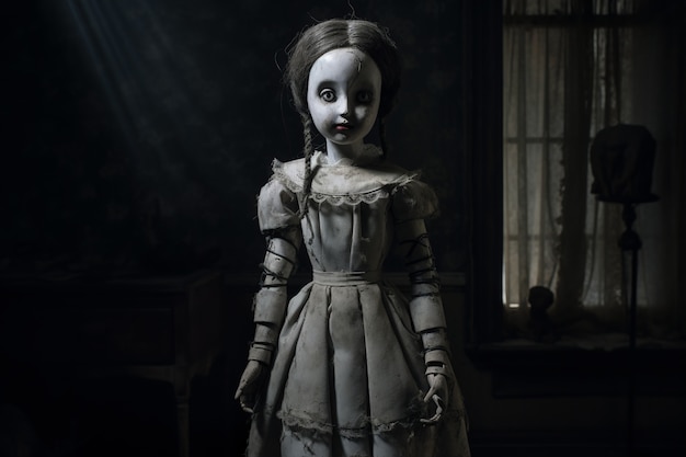 Vista della bambola inquietante in abiti vittoriani
