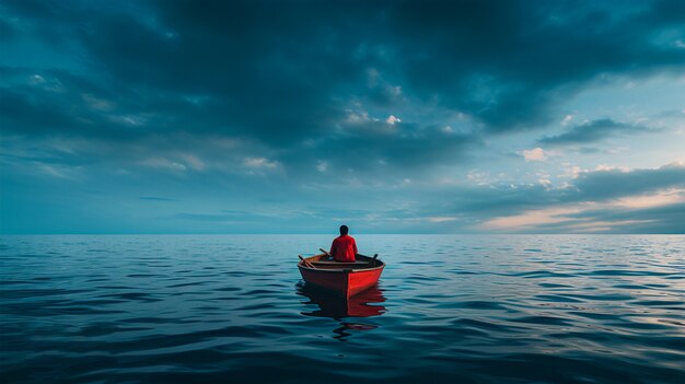 Vista della barca che galleggia sull'acqua con uno scenario naturale