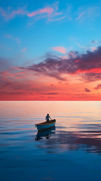 Vista della barca che galleggia sull'acqua con uno scenario naturale