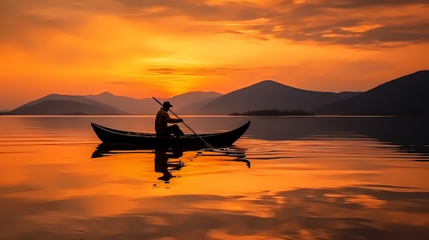 Vista della barca sull'acqua al tramonto