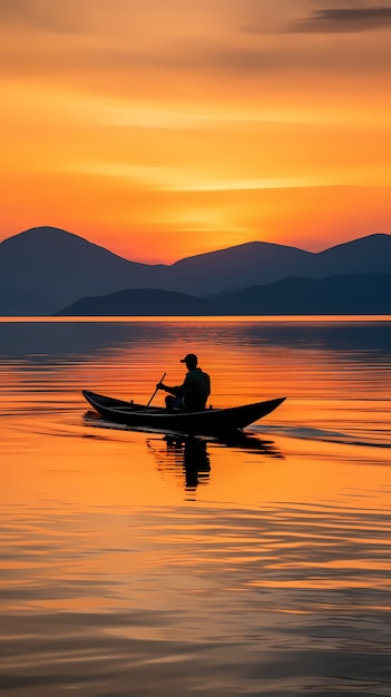 Vista della barca sull'acqua al tramonto