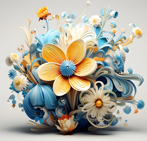 Vista della bellissima disposizione floreale astratta 3d