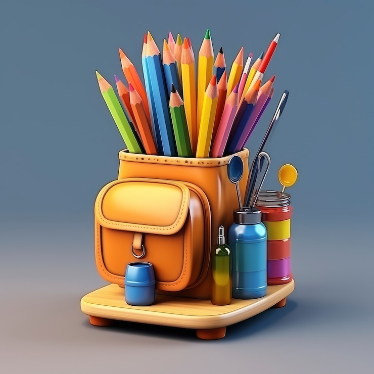 Foto gratuito vista della borsa per libri grafica 3d con matite