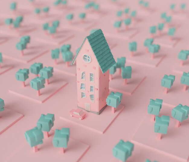 Vista della casa 3d con alberi