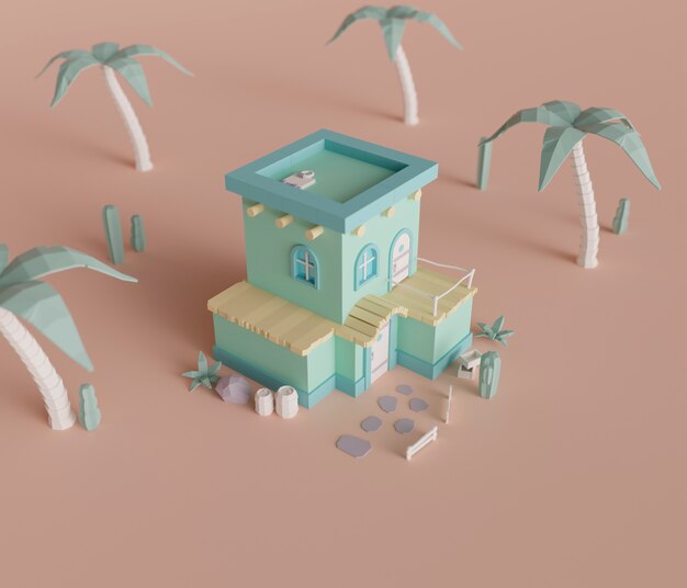 Vista della casa 3d con alberi
