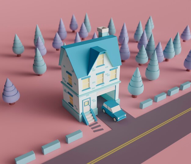 Vista della casa 3d con alberi