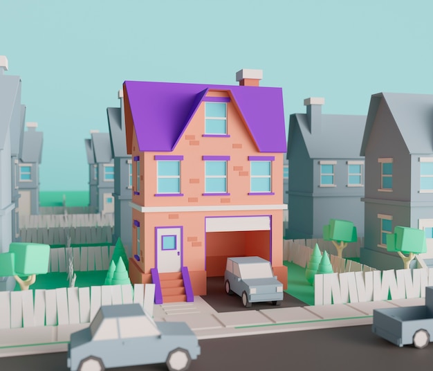 Vista della casa 3d con garage e auto