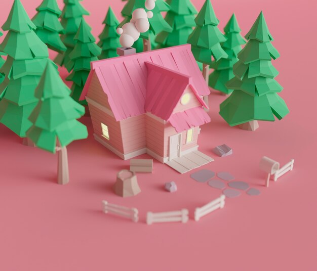 Vista della casa 3d con recinzione e alberi