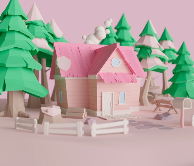 Vista della casa 3d con recinzione e alberi