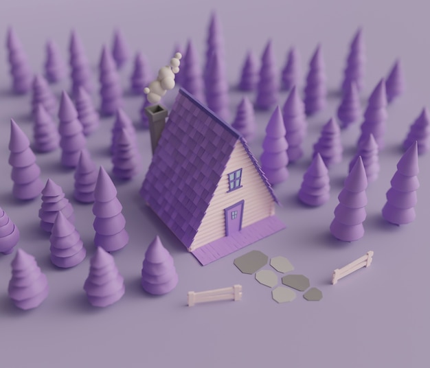 Vista della casa 3d con recinzione e alberi