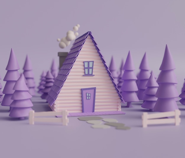 Vista della casa 3d con recinzione e alberi