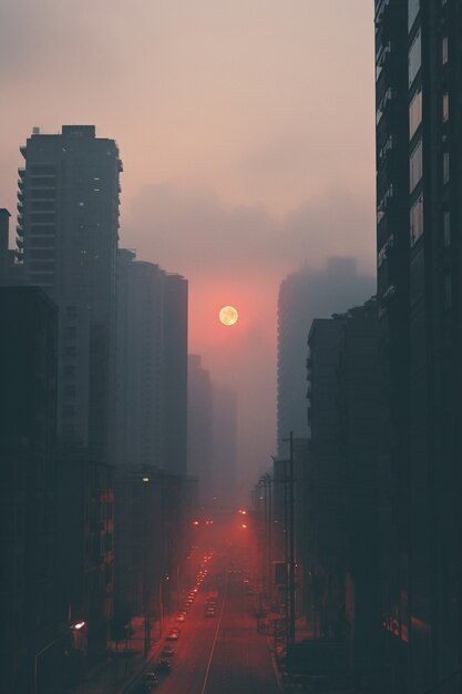 Vista della città buia urbana con nebbia