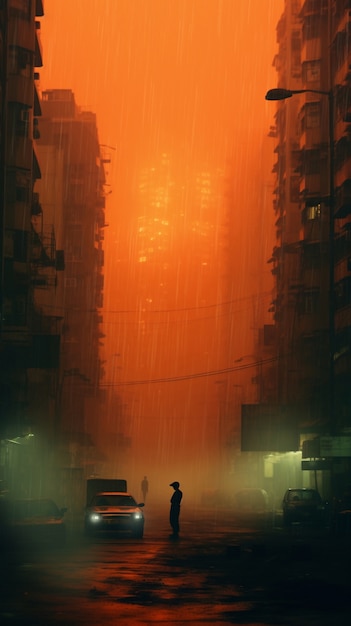 Vista della città buia urbana con nebbia