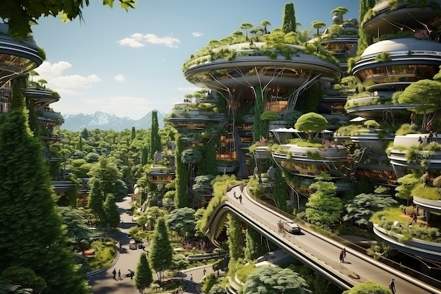 Vista della città futuristica con molta vegetazione e verde