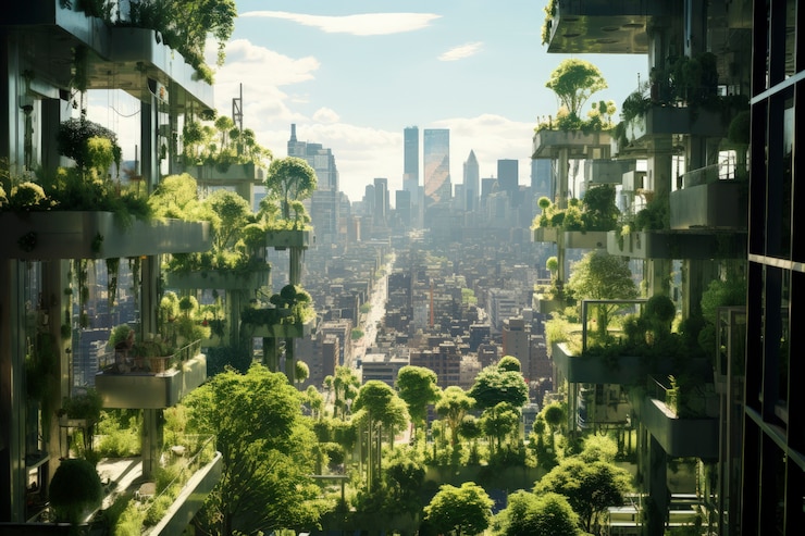 Foto gratuito vista della città futuristica con verde e vegetazione