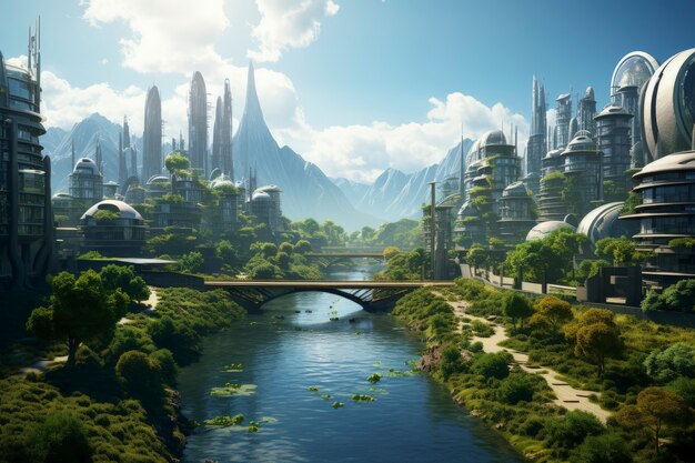 Vista della città futuristica con verde e vegetazione