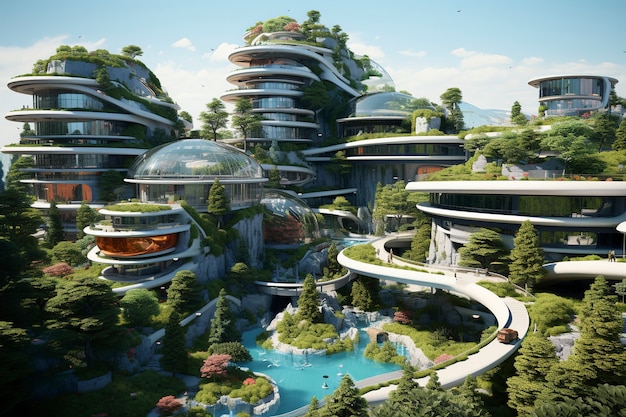 Vista della città futuristica con verde e vegetazione