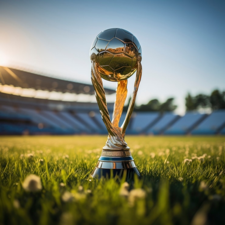 Foto gratuito vista della coppa d'oro di calcio sul campo