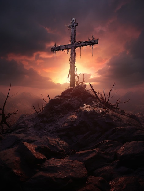 Vista della croce religiosa 3d con uno scenario apocalittico