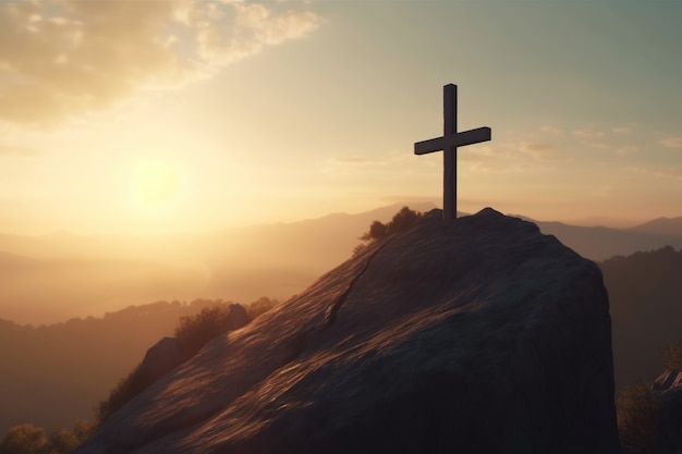 Vista della croce religiosa sulla cima della montagna con cielo e nuvole