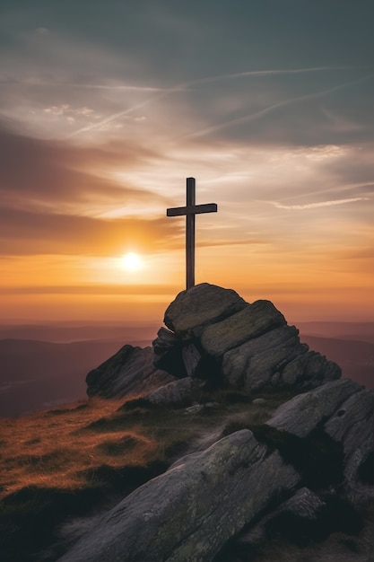 Vista della croce religiosa sulla cima della montagna con cielo e nuvole