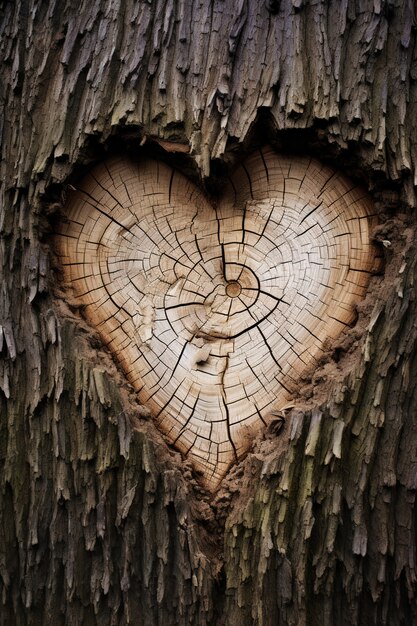 Vista della forma del cuore nel tronco d'albero