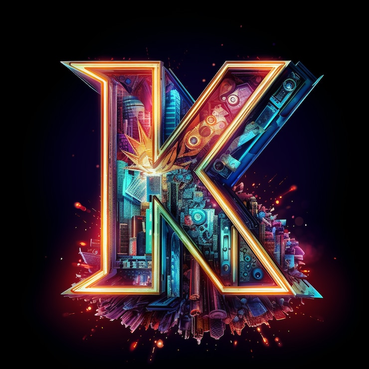 Foto gratuito vista della lettera 3d k con colori al neon