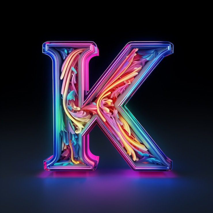 Foto gratuito vista della lettera 3d k con colori al neon