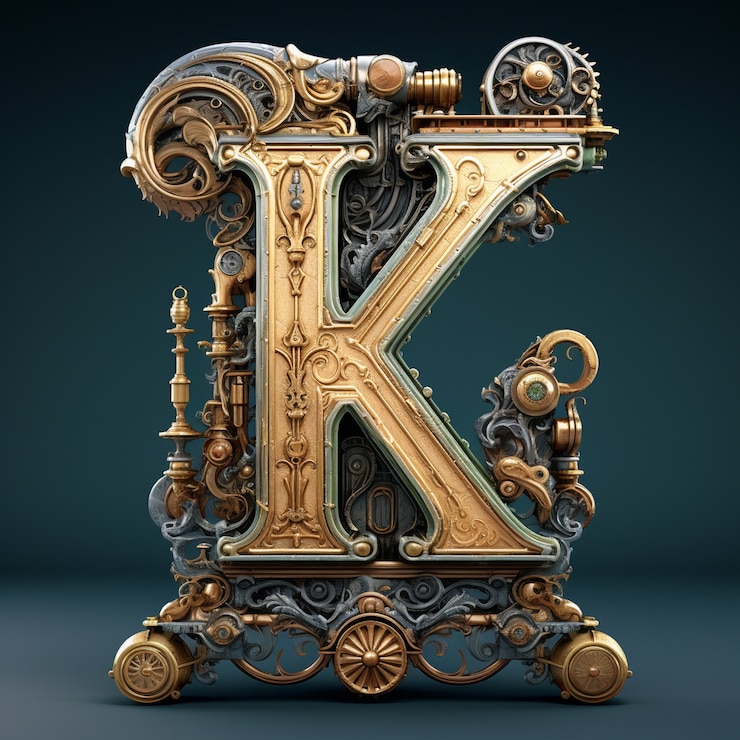 Foto gratuito vista della lettera 3d k con design steampunk