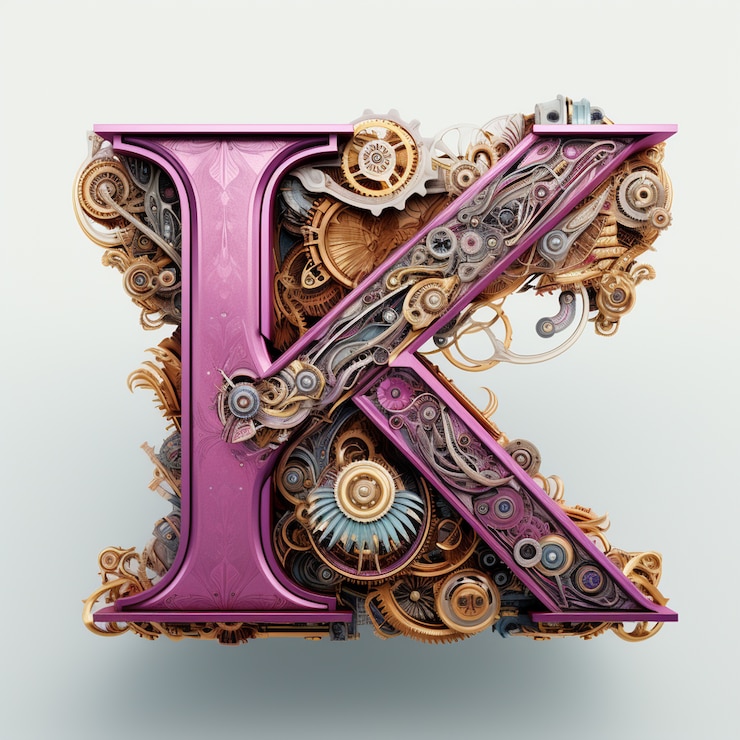 Foto gratuito vista della lettera 3d k con design steampunk