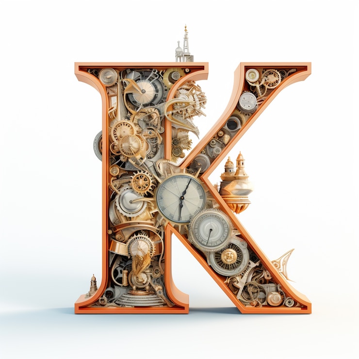 Foto gratuito vista della lettera 3d k con design steampunk