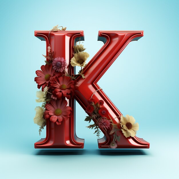 Vista della lettera 3d k con fiori