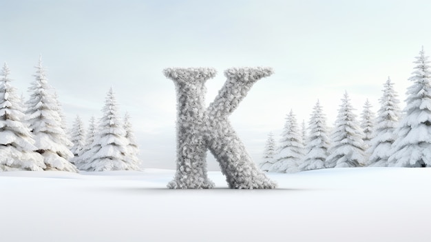Vista della lettera 3d k con neve e alberi