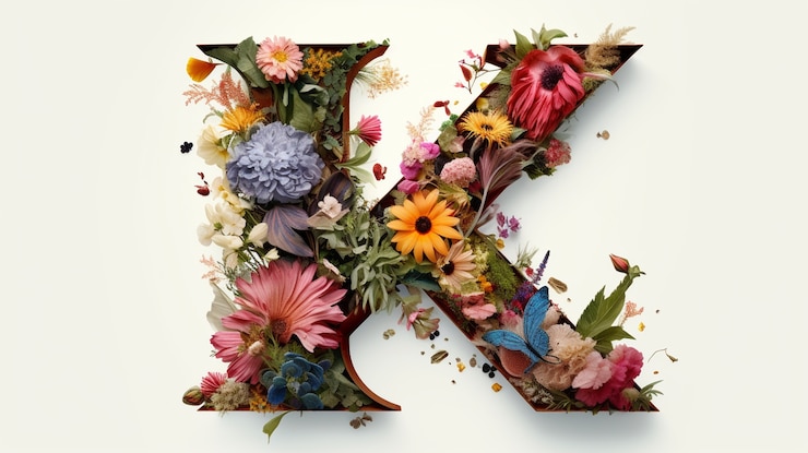 Foto gratuito vista della lettera 3d k con vegetazione e fiori