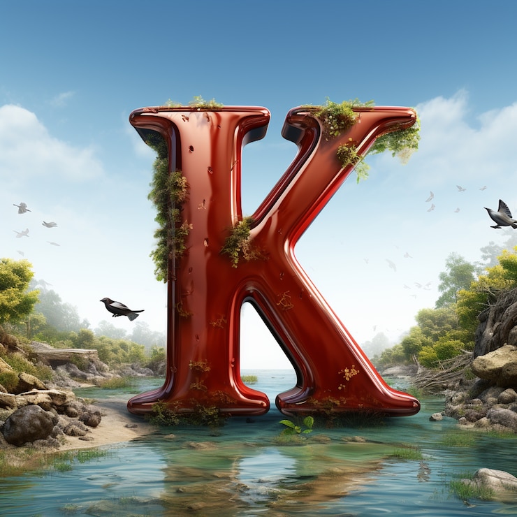 Foto gratuito vista della lettera 3d k con vegetazione e natura sull'acqua