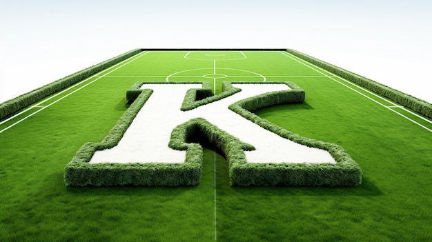 Vista della lettera 3d k sull'erba del campo da calcio