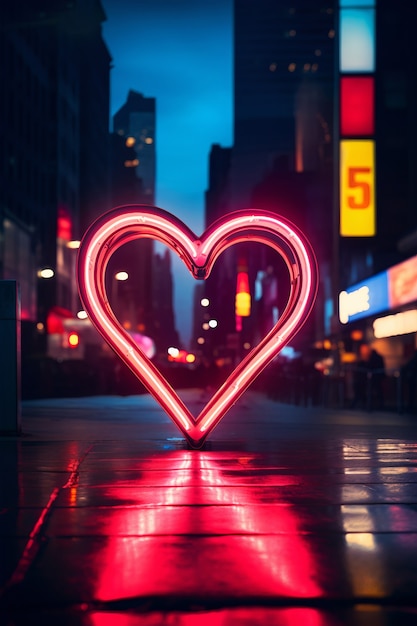 Vista della luce al neon a forma di cuore in città