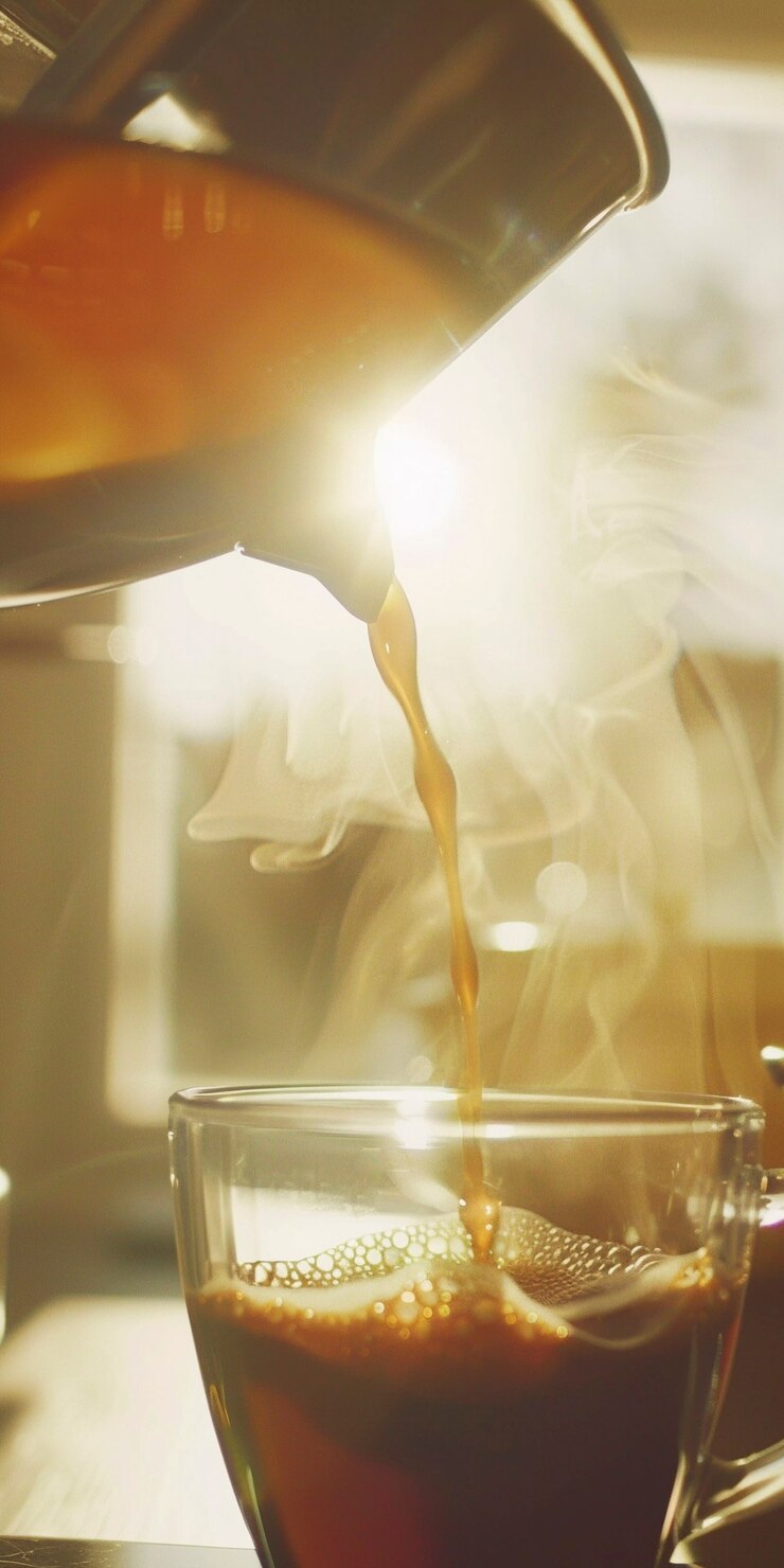 Vista della macchina da caffè che fa il caffè a casa