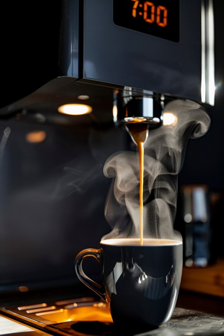 Vista della macchina da caffè che fa il caffè a casa