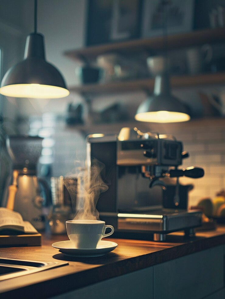 Vista della macchina da caffè che fa il caffè a casa