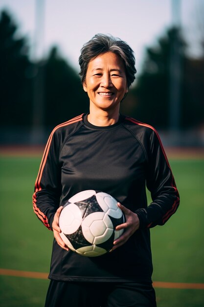 Vista della palla femminile della tenuta del calciatore