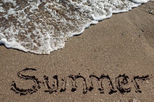 Vista della sabbia della spiaggia in estate con un messaggio scritto su di essa